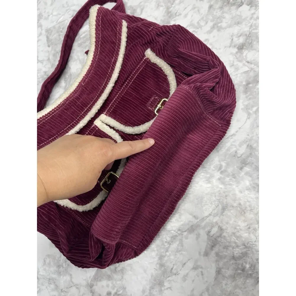 Y2K Indie Sleaze Burgundy Corduroy Sherpa Trim Shoulder Bag Unbranded Hobo Purse